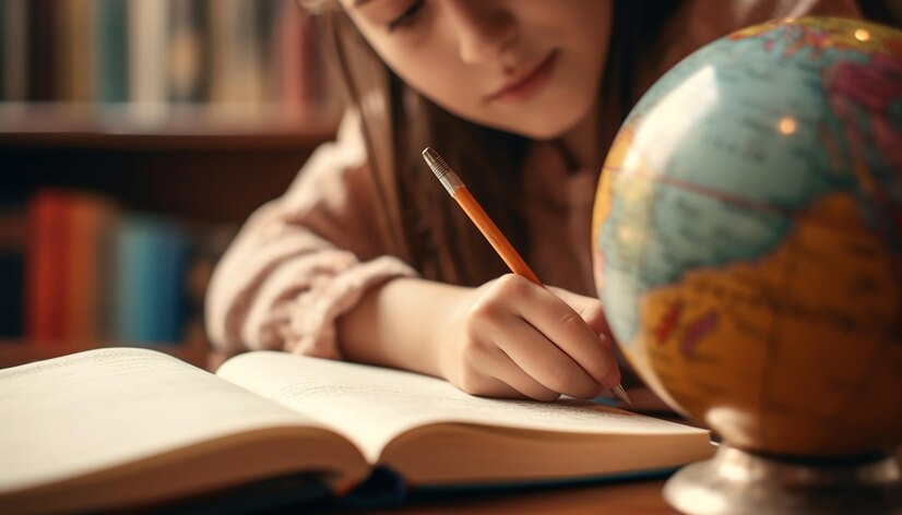 menina caucasiana estudando na mesa em sala de aula gerada por ia
