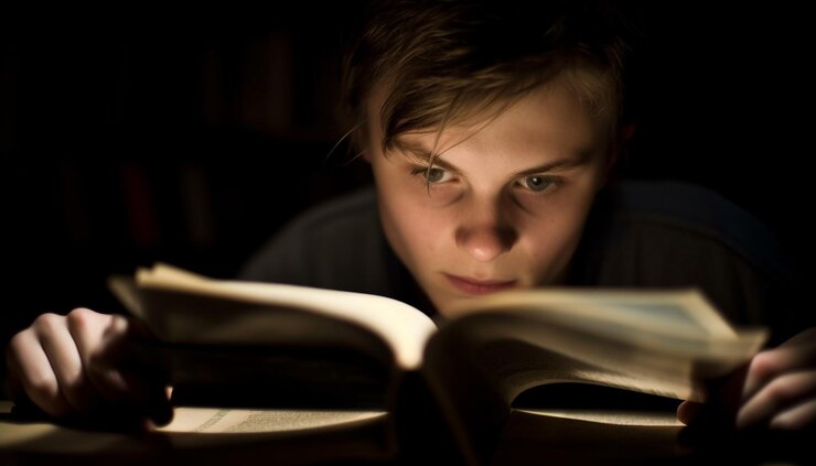 menino caucasiano lendo a biblia na biblioteca gerada por ia